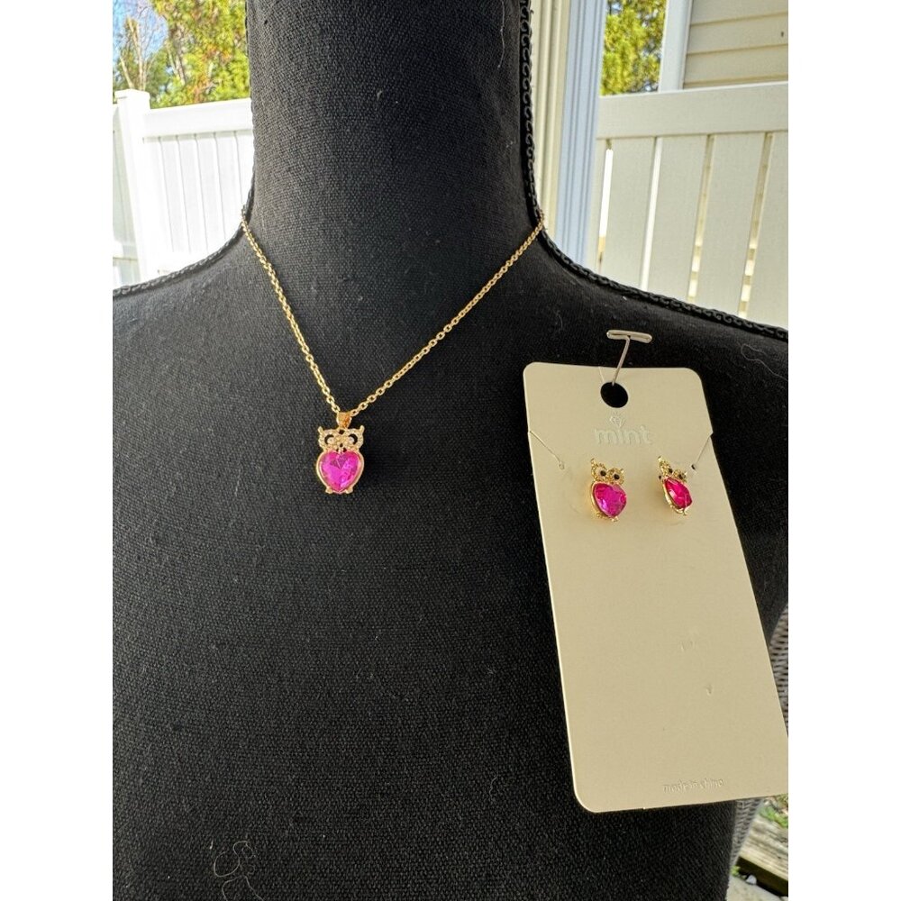 Mint Rhinestone Owl Set Necklace & Earrings Set NEW Pink Gold CZ Costume